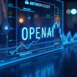 Photorealistic trading desk with Bybit logo and holographic OPENAIUSDT and ANTHROPICUSDT tickers in blue neon.
