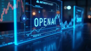 Photorealistic trading desk with Bybit logo and holographic OPENAIUSDT and ANTHROPICUSDT tickers in blue neon.