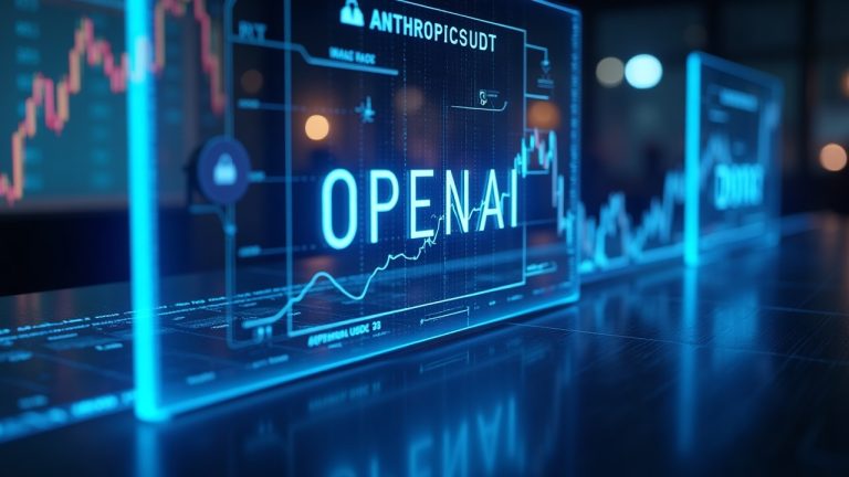 Photorealistic trading desk with Bybit logo and holographic OPENAIUSDT and ANTHROPICUSDT tickers in blue neon.