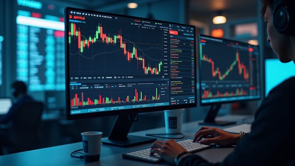 Photorealistic trading desk with Bybit branding, US stock tickers NFLX, SONY, COST, TTWO, 20x leverage, 8-hour funding.