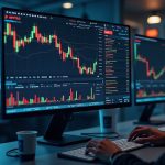 Photorealistic trading desk with Bybit branding, US stock tickers NFLX, SONY, COST, TTWO, 20x leverage, 8-hour funding.