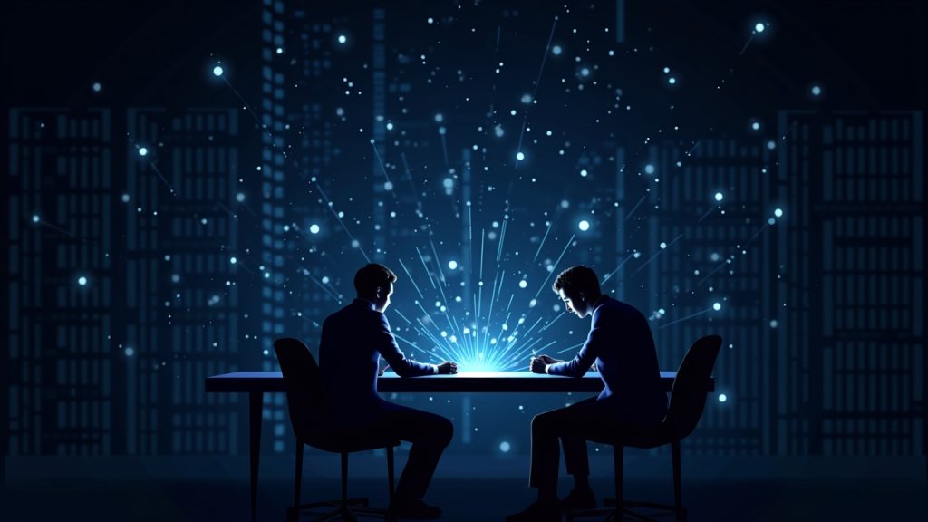 Photorealistic Cardano Leios testnet lab scene with engineers and glowing blockchain threads surpassing 1000 TPS.