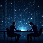 Photorealistic Cardano Leios testnet lab scene with engineers and glowing blockchain threads surpassing 1000 TPS.