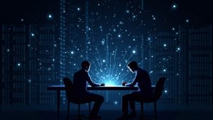 Photorealistic Cardano Leios testnet lab scene with engineers and glowing blockchain threads surpassing 1000 TPS.