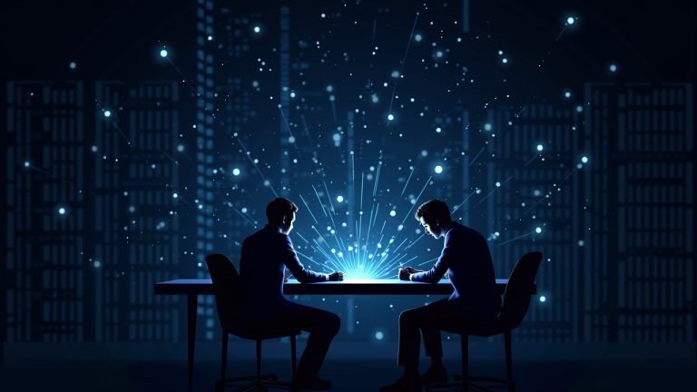 Photorealistic Cardano Leios testnet lab scene with engineers and glowing blockchain threads surpassing 1000 TPS.