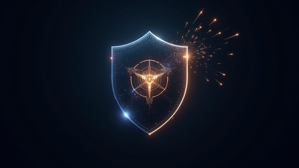 Photoreal Cardano wallet icon guarded by a shield, revealing a shattered seed-phrase hologram and on-chain data trails.