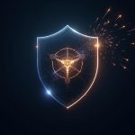Photoreal Cardano wallet icon guarded by a shield, revealing a shattered seed-phrase hologram and on-chain data trails.