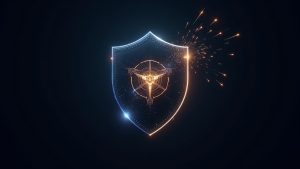 Photoreal Cardano wallet icon guarded by a shield, revealing a shattered seed-phrase hologram and on-chain data trails.