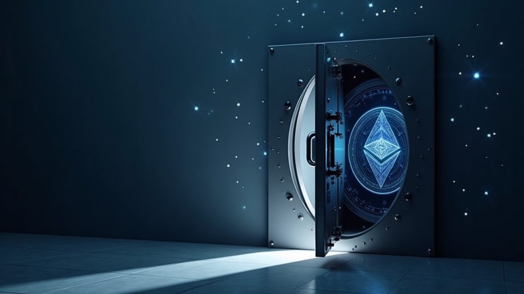 Photorealistic crypto news header: open vault, digital shadow, Arbitrum and Ethereum logos, and USDC streaming from a DeFi CLS vault.