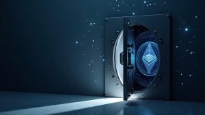 Photorealistic crypto news header: open vault, digital shadow, Arbitrum and Ethereum logos, and USDC streaming from a DeFi CLS vault.
