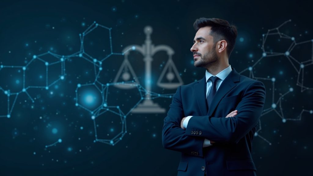 Focused crypto executive in a sharp suit with blockchain graphics and regulatory icons in the background.