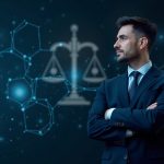 Focused crypto executive in a sharp suit with blockchain graphics and regulatory icons in the background.