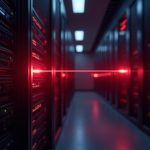 Photorealistic server room with glowing gateway and red alert, depicting a 50-minute outage caused by misconfiguration