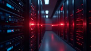 Photorealistic server room with glowing gateway and red alert, depicting a 50-minute outage caused by misconfiguration