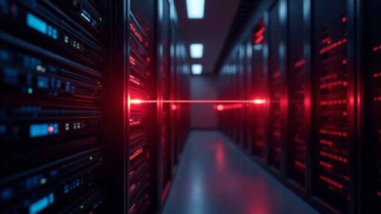 Photorealistic server room with glowing gateway and red alert, depicting a 50-minute outage caused by misconfiguration