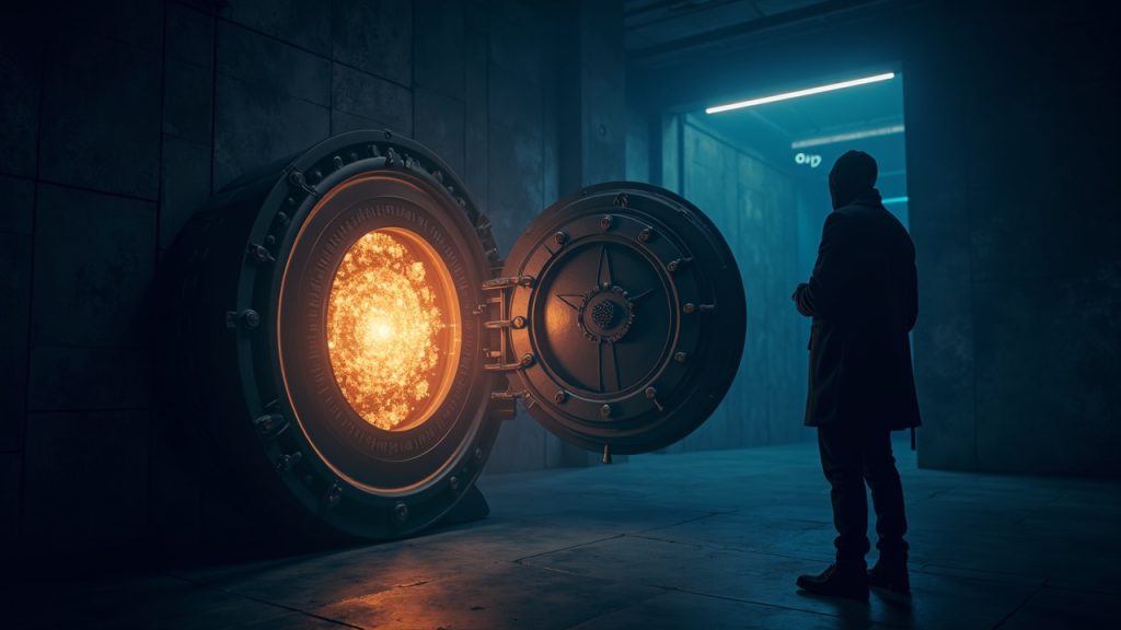 Photoreal DeFi scene with a vault, glowing oracle orb, and a shadowy figure triggering collateral price spike.