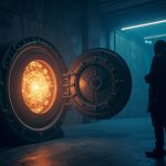 Photoreal DeFi scene with a vault, glowing oracle orb, and a shadowy figure triggering collateral price spike.