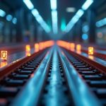 Photorealistic header: modern trading floor with glowing token icons on blockchain rails between banks.
