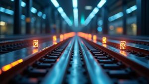 Photorealistic header: modern trading floor with glowing token icons on blockchain rails between banks.