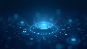 Photorealistic holographic ledger with digital debt tokens on a blue-silver screen, on-chain private credit.