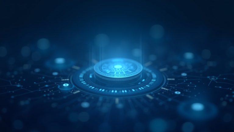 Photorealistic holographic ledger with digital debt tokens on a blue-silver screen, on-chain private credit.