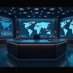 Photorealistic newsroom scene: a Fed desk with GENIUS Act dashboards, USDT/USDC icons, and a world map.