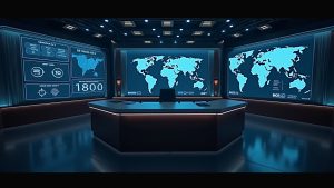 Photorealistic newsroom scene: a Fed desk with GENIUS Act dashboards, USDT/USDC icons, and a world map.