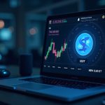 Photorealistic newsroom desk showing GRVT emblem beside USDT trading pair on a high-tech screen.
