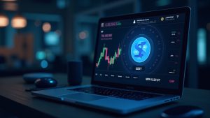 Photorealistic newsroom desk showing GRVT emblem beside USDT trading pair on a high-tech screen.