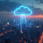 Photoreal Tokyo skyline at dusk with holographic tickers and a glowing blockchain linking Japanese equities to a cloud.
