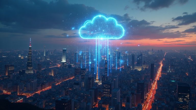 Photoreal Tokyo skyline at dusk with holographic tickers and a glowing blockchain linking Japanese equities to a cloud.