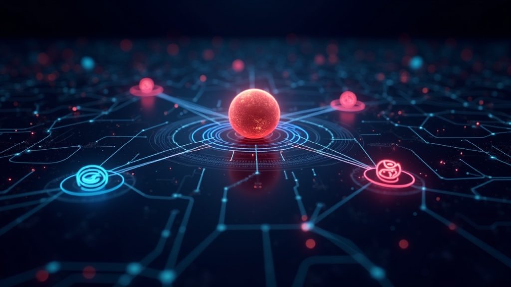 Photorealistic Jupiter routing hub with neon trade lines to Solana dex logos against a futuristic data-grid backdrop.