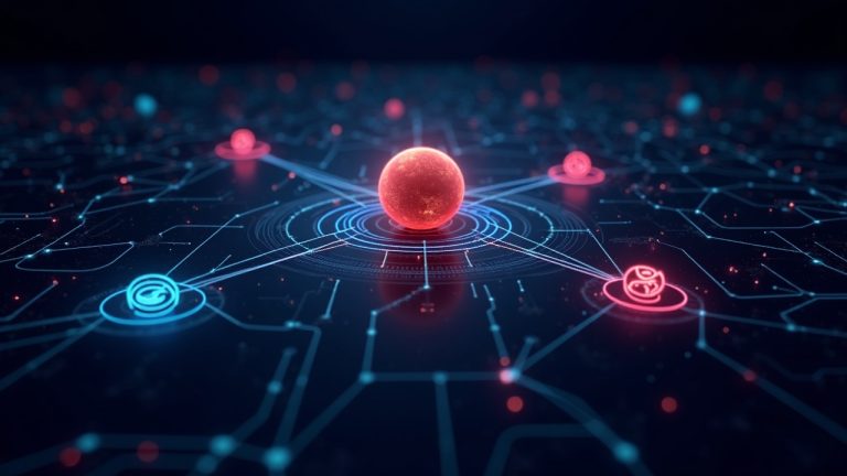Photorealistic Jupiter routing hub with neon trade lines to Solana dex logos against a futuristic data-grid backdrop.