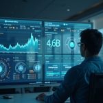 Photoreal header: analyst in a modern office with a glass screen showing 4.6B AUM, rising loan book, and blockchain nodes.