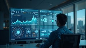 Photoreal header: analyst in a modern office with a glass screen showing 4.6B AUM, rising loan book, and blockchain nodes.