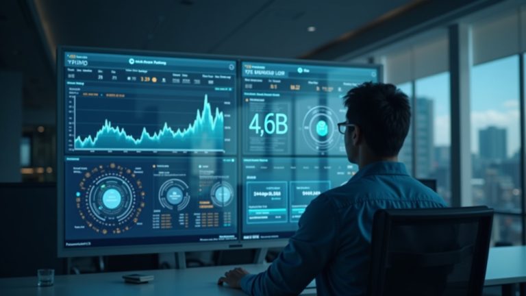 Photoreal header: analyst in a modern office with a glass screen showing 4.6B AUM, rising loan book, and blockchain nodes.