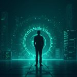 Realistic fintech scene: leader oversees maple syrupUSDG on Robinhood Chain, with a glowing vault and blockchain nodes.