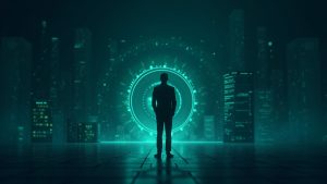 Realistic fintech scene: leader oversees maple syrupUSDG on Robinhood Chain, with a glowing vault and blockchain nodes.