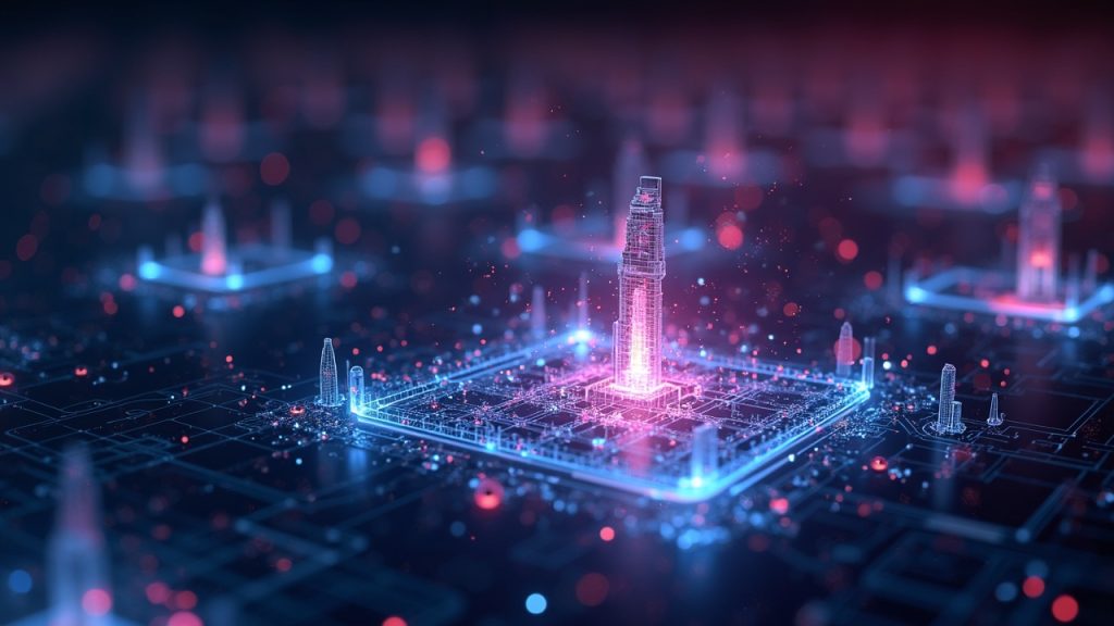 Photorealistic AI agents negotiating contracts on a neon blockchain grid, with a central agent sealing micro-settlements.