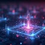 Photorealistic AI agents negotiating contracts on a neon blockchain grid, with a central agent sealing micro-settlements.