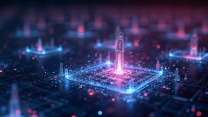 Photorealistic AI agents negotiating contracts on a neon blockchain grid, with a central agent sealing micro-settlements.