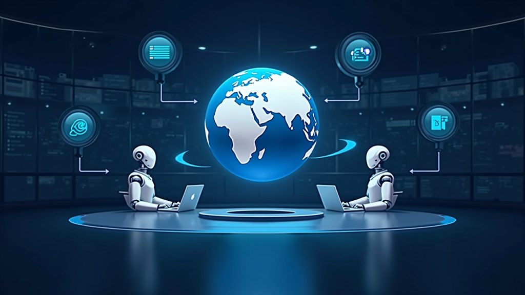 Futuristic newsroom visualization of AI agents as economic actors in NEAR's Agent Market around a blockchain globe.