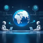 Futuristic newsroom visualization of AI agents as economic actors in NEAR's Agent Market around a blockchain globe.