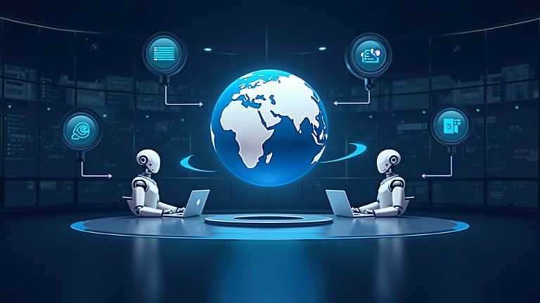 Futuristic newsroom visualization of AI agents as economic actors in NEAR's Agent Market around a blockchain globe.