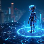 Photorealistic figure of autonomous AI agents trading on a neon NEAR hub, illustrating AI money and sovereign infra.