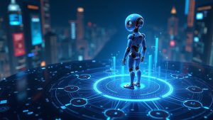 Photorealistic figure of autonomous AI agents trading on a neon NEAR hub, illustrating AI money and sovereign infra.