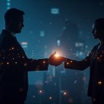 Futuristic AI silhouette negotiating a private cross-chain handshake across glowing shards.