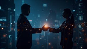 Futuristic AI silhouette negotiating a private cross-chain handshake across glowing shards.