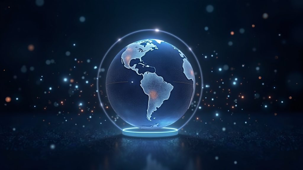 Futuristic NEAR concept: a glowing private cross-chain shard within a holographic globe, AI agents coordinating private swaps.