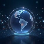 Futuristic NEAR concept: a glowing private cross-chain shard within a holographic globe, AI agents coordinating private swaps.